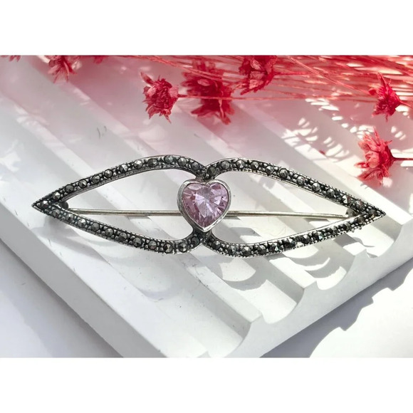 Vintage Jewelry - Art Deco Heart Shaped Sterling Silver Amethyst & Marcasite Large Brooch Pin